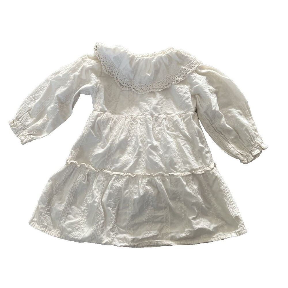 Girls Angou Ivory Eyelet Lace Dress Size 120 (5?) Long Sleeve Tiered Lined